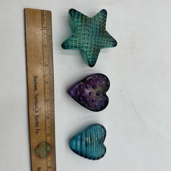 3 Robert Held Heart Glass Paperweight Teal Iridescent Lattice Grid Star Signed - Picture 2 of 11